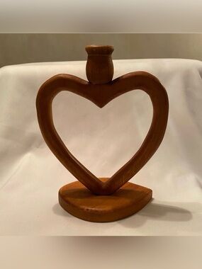 Rustic Hand Carved Heart Shaped Single Taper Wooden Candle Holder Beautiful